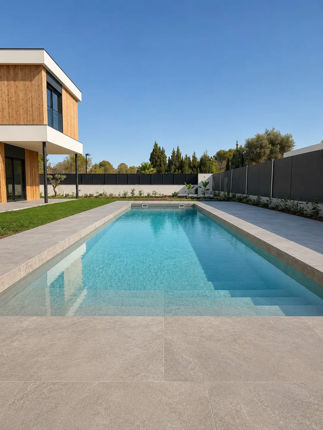 Piscina de gres y jardín mediterráneo junto a la fachada de madera